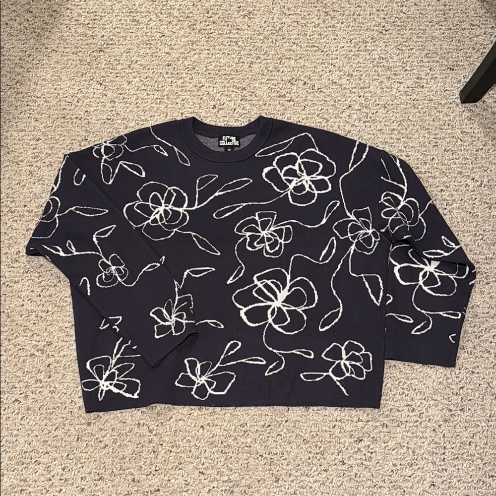 Floral Patterned Navy Sweater - Large - image 3